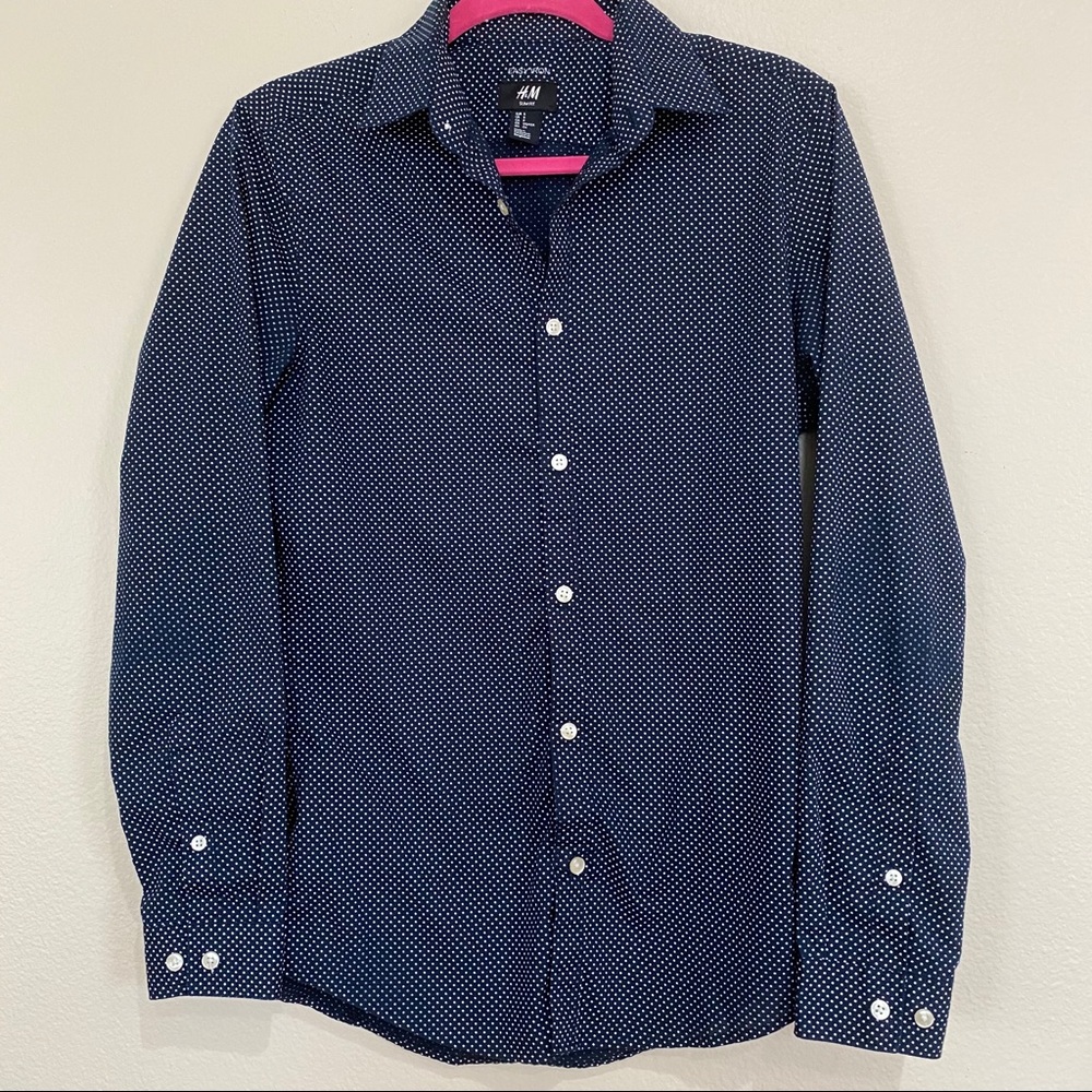 H&M navy and white polka dot Men’s Button Up Long Sleeve